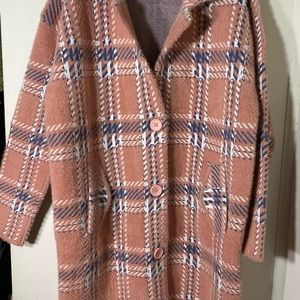 FYCOOKY Pink Plaid Button Up Double Breasted Outerwear Coat